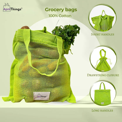Pure Cotton Reusable Grocery Mesh  Bags For Veggies, Fruits & More
