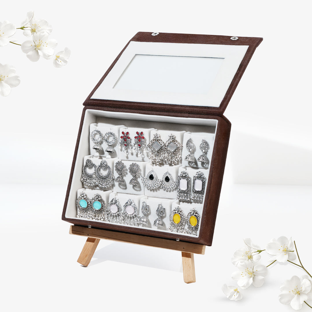 Set Of 12 Oxidized Designer Earrings With Folding Mirror Jewelry Box