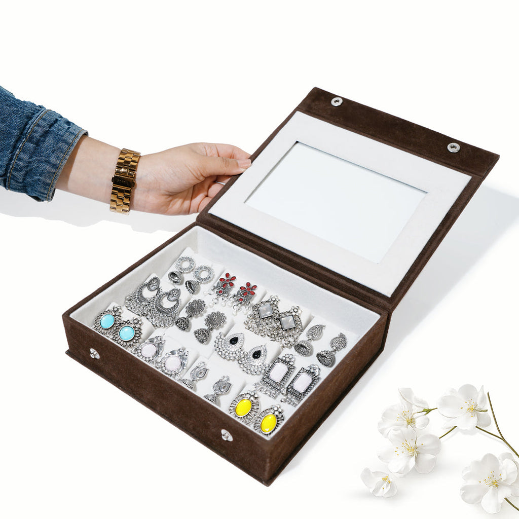 Set Of 12 Oxidized Designer Earrings With Folding Mirror Jewelry Box
