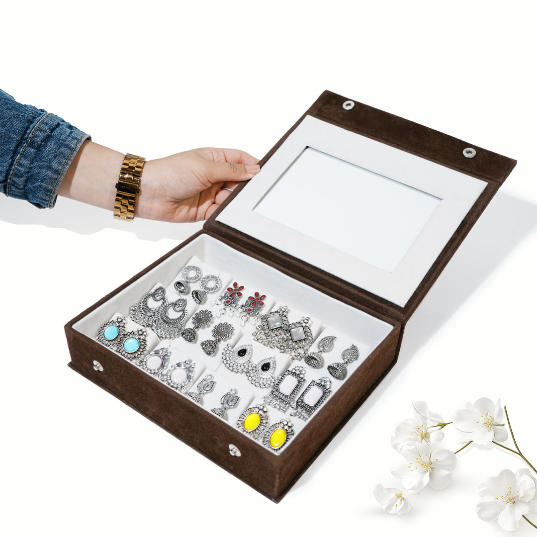 Set Of 12 Oxidized Designer Earrings With Folding Mirror Jewelry Box