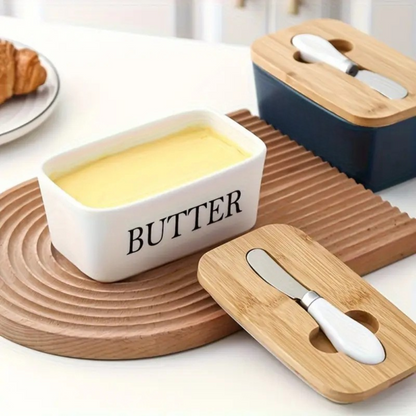 Ceramic Butter Container With Knife & Bamboo Wood lid - Large Size