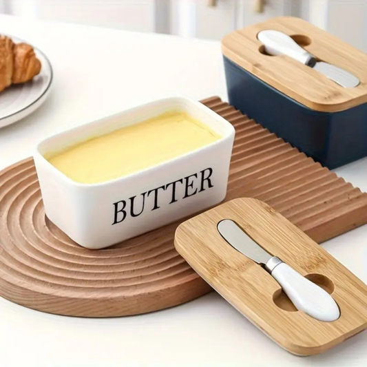 Ceramic Butter Container With Knife & Bamboo Wood lid - Large Size
