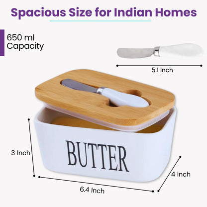 Ceramic Butter Container With Knife & Bamboo Wood lid - Large Size
