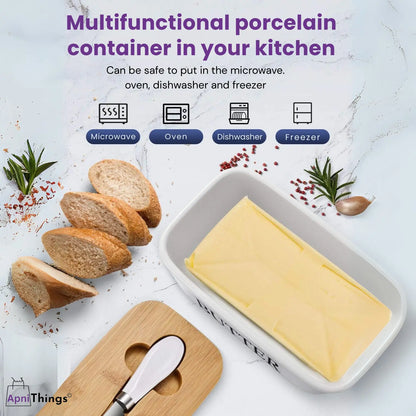 Ceramic Butter Container With Knife & Bamboo Wood lid - Large Size