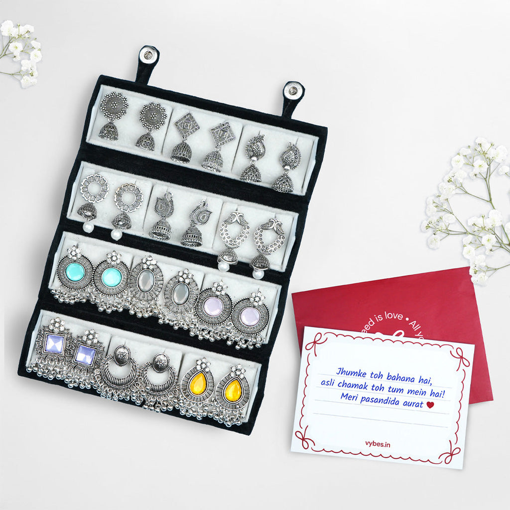 Set Of 12 Oxidized Designer Earrings With Folding Jewelry Box