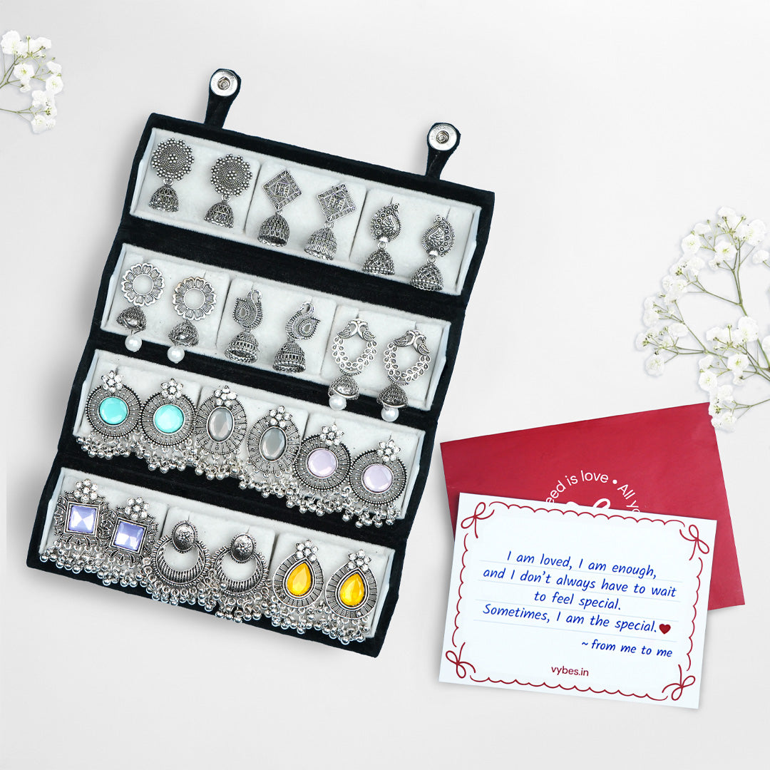 Set Of 12 Oxidized Designer Earrings With Folding Jewelry Box