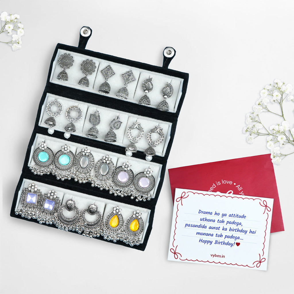 Set Of 12 Oxidized Designer Earrings With Folding Jewelry Box