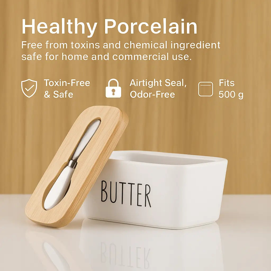 Ceramic Butter Container With Knife & Bamboo Wood lid - Large Size