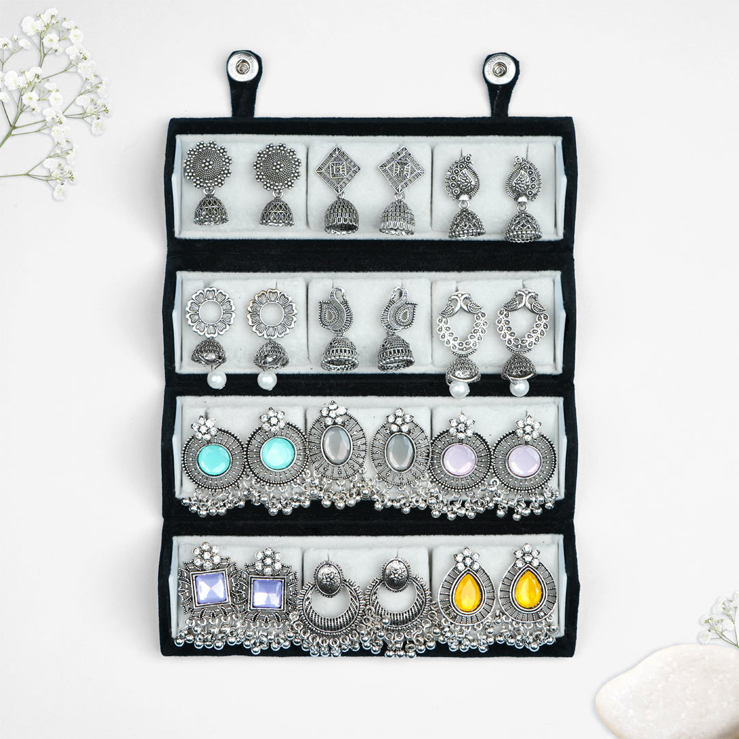 Set Of 12 Oxidized Designer Earrings With Folding Jewelry Box