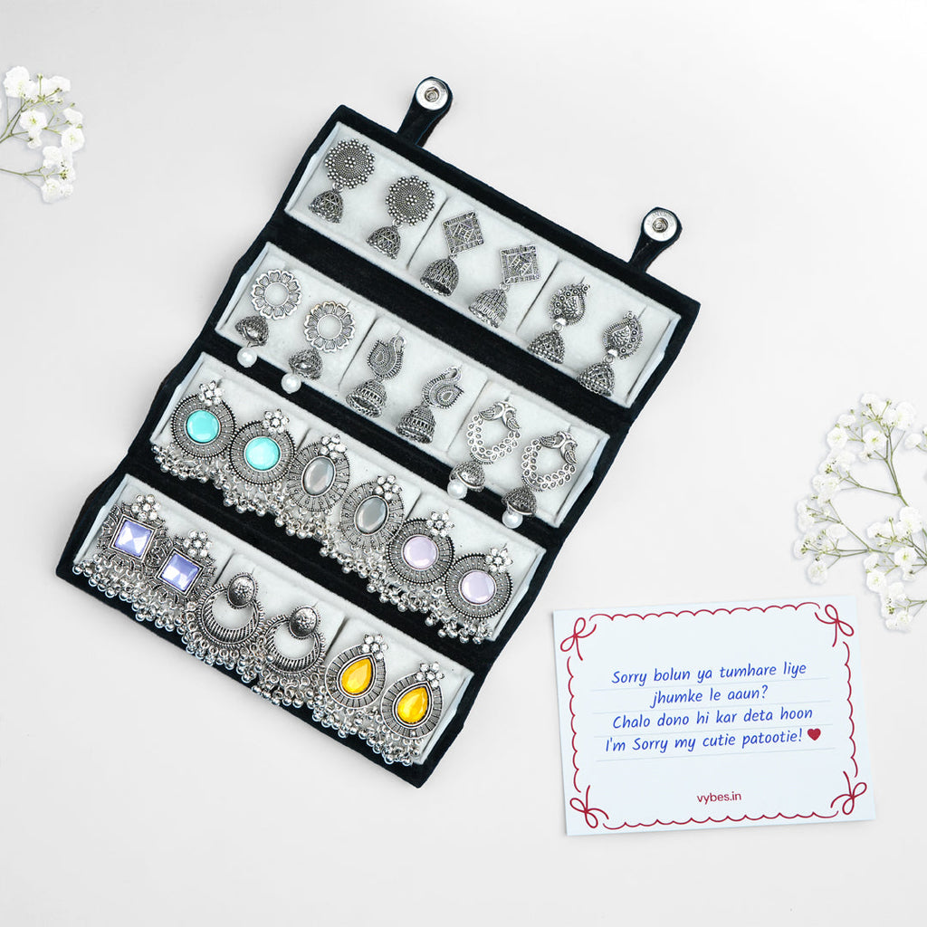 Set Of 12 Oxidized Designer Earrings With Folding Jewelry Box