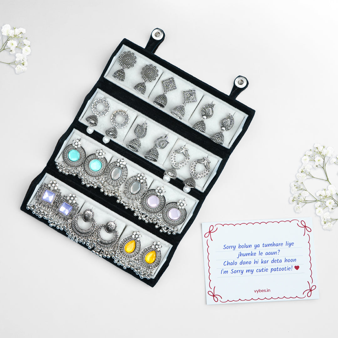 Set Of 12 Oxidized Designer Earrings With Folding Jewelry Box