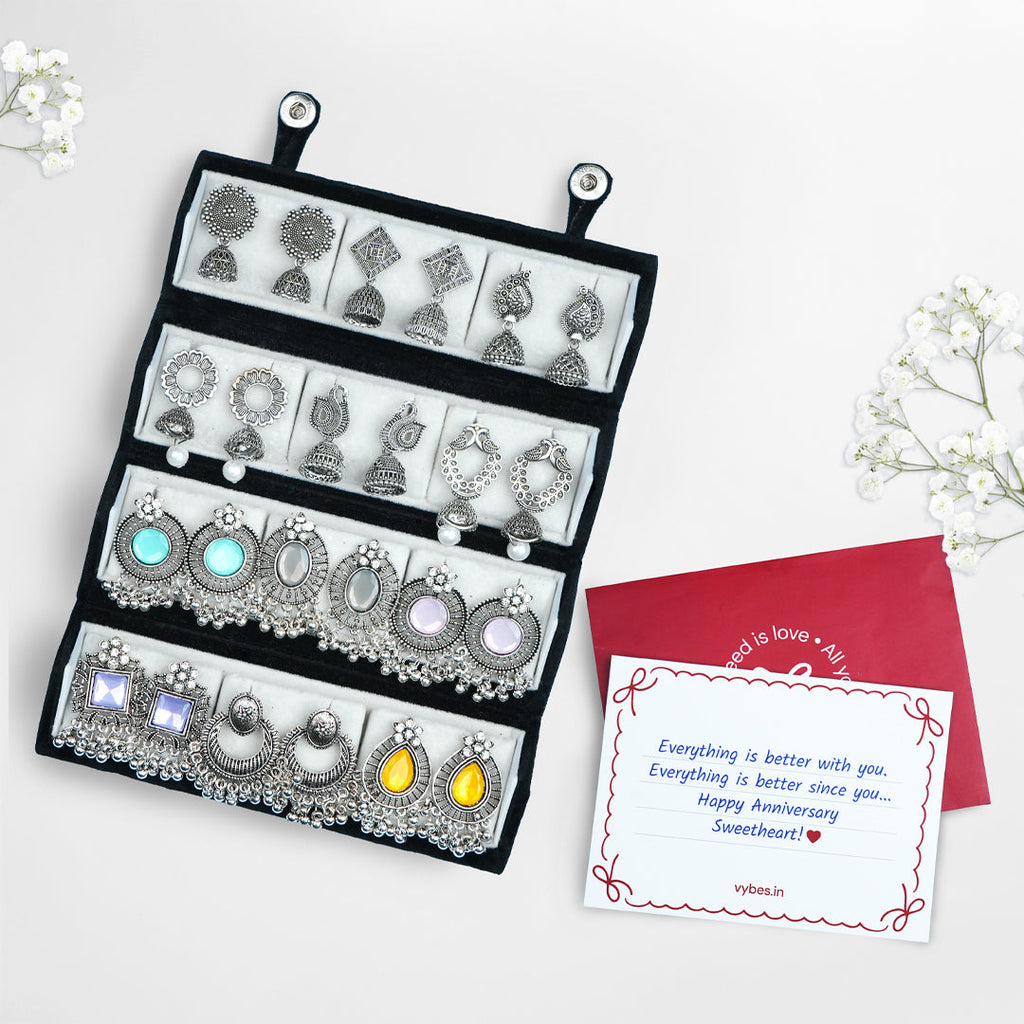 Set Of 12 Oxidized Designer Earrings With Folding Jewelry Box