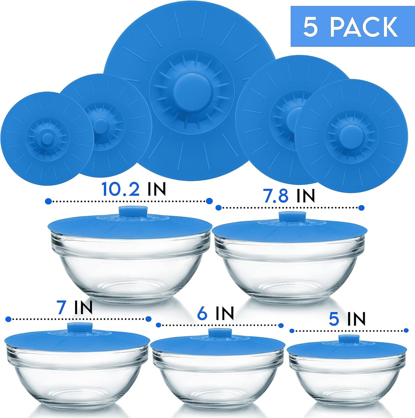 5Pcs Reusable Silicone Suction Lids (Microwave Safe & BPA Free) - Keep Kitchen Neat & Food Fresh