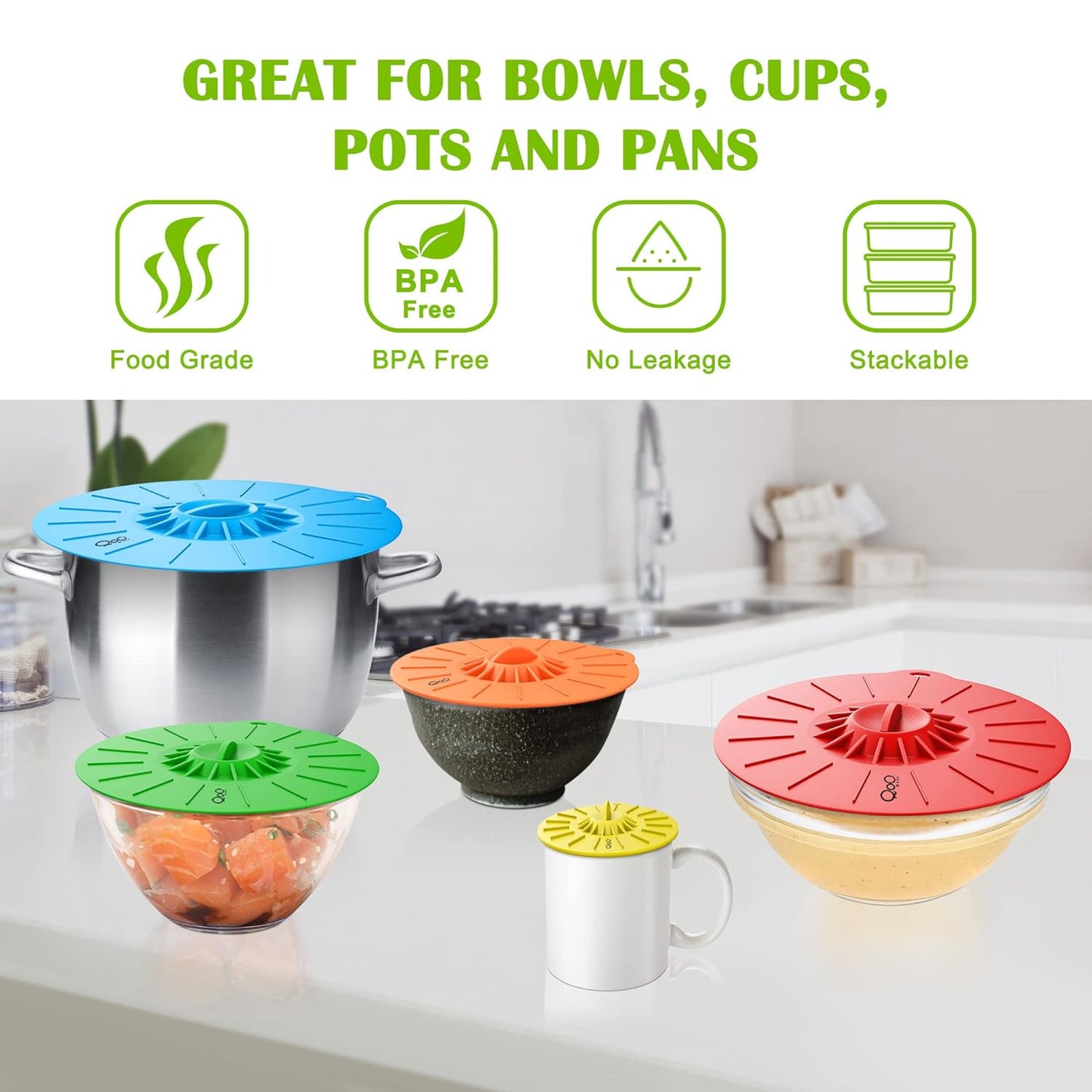 5Pcs Reusable Silicone Suction Lids (Microwave Safe & BPA Free) - Keep Kitchen Neat & Food Fresh