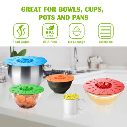 5Pcs Reusable Silicone Suction Lids (Microwave Safe & BPA Free) - Keep Kitchen Neat & Food Fresh